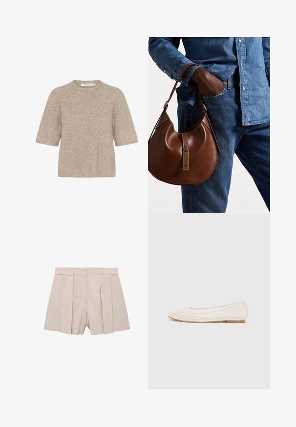 Bežna majica kratkih rukava iz mekog pletiva, s okruglim izrezom i opuštenim krojem. Tekstura je blago zamagljena.; Bež kratke hlače z pregibi, oblikovane po meri, z visokim pasom in gladko teksturo. Štirje sprednji pregibi ustvarjajo volumen. Brez žepov.; Bele teniske z belim mrežastim dizajnom, s koničastim nosom in nizkim ravnim podplatom. Teksture zgornji del z gladkim oblogom in subtilnimi kontrastnimi robovi.; Rjava usnjena hobo torba zaobljene oblike, ki vsebuje zlatokovinske dodatke in kontrastno šivanje. V kombinaciji z denim srajco in kavbojkami.