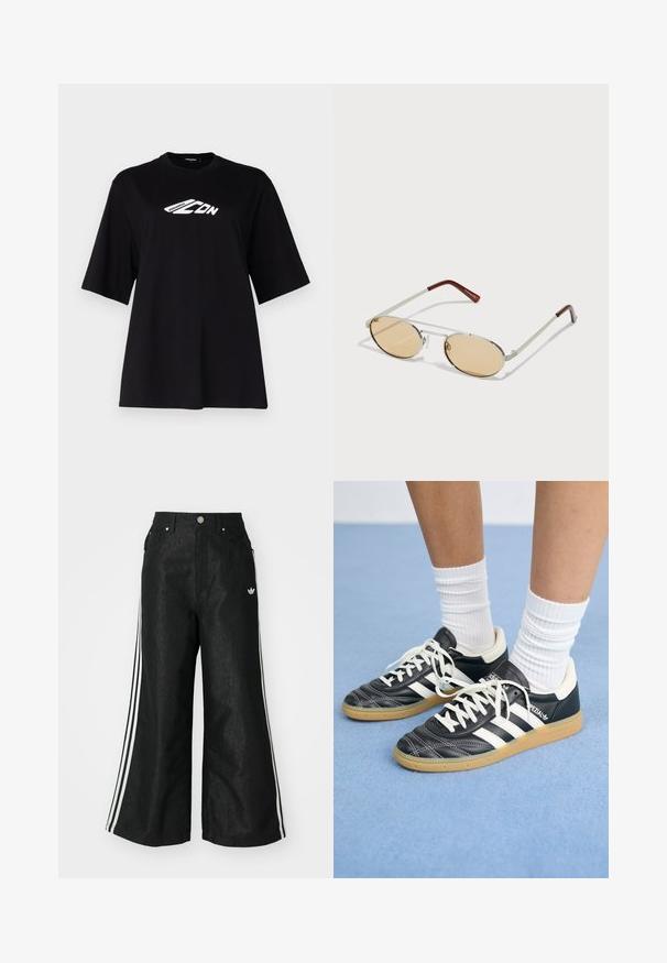 Must värvi puuvillane T-särk, laia lõikega, lühikeste varrukatega, ümmarguse kaelusega, mille esipinnal on valge graafiline logo. Sile tekstuur, minimalistik disain.; Mustad mustadeline denimipüksid, millel on kummalgi küljel kolm valget triipu ja väike valge logo. Omab esikotte ja nööbiga kinnihoidmist.; Mustad nahast tennisetossud valgete triipudega, ümar nina, valged paelad ja kummist tallad. Esiletõstetud pehmendatud krae ja brändingu detailid.; Metallist päikeseprillid ovaalsete, helepruunide toonitud läätsega. Kitsa hõbedase raamiga, millel on tekstuurilised aktsendid ja punakaspruunid otsad käepidemetel.
