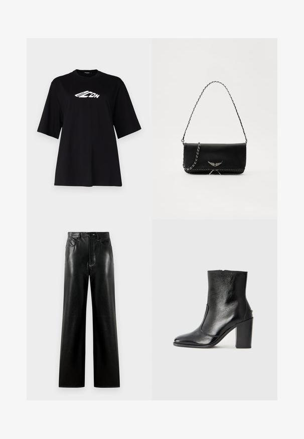 Crna pamučna majica s labavim krojem, kratkim rukavima i okruglim izrezom, s bijelim grafičkim logotipom sprijeda. Glatka tekstura, minimalistički dizajn.; Crne kožne hlače širokih nogavica s glatkom završnom obradom, koje sadrže dugme i patentni zatvarač, prednje džepove i kontrastne detalje šivanja.; Crna kožna čizma do gležnjeva s glatkom teksturom, špicastim vrhom i debelim visokim potpeticama. Ima bočni otvor i minimalistički dizajn.; Crna kožna torba s srebrnim lanac strapom, s dekorativnim krilnim naglascima i bijelim šavovima duž donjeg šava.