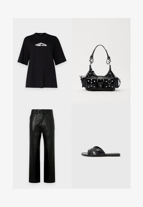 Μαύρο βαμβακερό t-shirt με χαλαρή εφαρμογή, κοντά μανίκια, λαιμόκοψη crew, διακοσμημένο με λευκό γραφικό λογότυπο στο μπροστινό μέρος. Λείο υλικό, μίνιμαλ σχεδίαση.; Μαύρο δερμάτινο παντελόνι ψηλής μέσης με φαρδιές ποδιές, μεγάλες μπροστινές πατιλέτες και αντίστοιχη ζώνη με διπλό κρίκο.; Μαύρες σανδάλες με λείο δερμάτινο φινίρισμα, που διαθέτουν διασταυρούμενες λωρίδες και κομμένες λεπτομέρειες, και μια επίπεδη, ευλύγιστη σόλα.; Μαύρη δερμάτινη τσάντα χειρός με καμπύλο σχεδιασμό, που διαθέτει ασημένιους στρόφους, κούμπωμα και δύο πλευρικές τσέπες. Ρυθμιζόμενος ιμάντας για επιλογές μεταφοράς.
