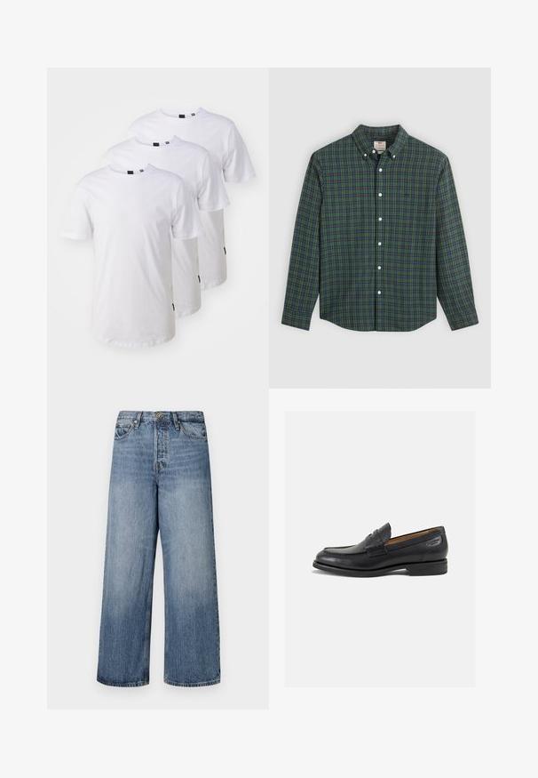 Trzy proste białe koszulki bawełniane z krótkim rękawem, okrągłymi dekoltami i czarnymi metkami na dolnym wykończeniu. Klasyczny krój i gładka tekstura.; Koszula z długim rękawem, zapinana na guziki, w zielono-niebiesko-żółtą kratkę, z białymi guzikami i kołnierzykiem zapinanym na guziki.; Szerokie niebieskie dżinsy z przetarciami, pięcioma kieszeniami i zapięciem na guzik. Wyposażone w szlufki na pasek i przeszycia dekoracyjne.; Czarne skórzane mokasyny o gładkim wykończeniu, zaokrąglonym nosku i dekoracyjnym przeszyciu na cholewce. Niski, warstwowy obcas i delikatny połysk.