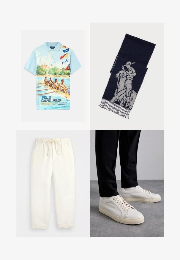 Jasnoniebieska koszulka polo z nadrukiem w stylu vintage przedstawiającym drużynę wioślarską, kolorowymi flagami sygnalizacyjnymi oraz napisem "Polo Ralph Lauren Regatta Race of Champions 08-09-67."; Jasna kremowa, casualowa para spodni wykonanych z miękkiego materiału. Posiada elastyczny pas ze sznurkiem i zwężający się krój nogawek.; Jasnobeżowe skórzane sneakersy z płaskimi sznurowadłami, teksturowaną powierzchnią i kontrastującą kremową gumową podeszwą, zestawione z czarnymi zwężającymi się spodniami.; Granatowy szalik z szarym wzorem przedstawiającym gracza polo na koniu, z frędzlami na brzegach.