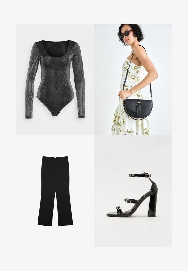 Čierny overal s dlhým rukávom a okrúhlym výstrihom, vyrobený z trblietavej textúrované látky, má priliehavý strih a vysoké nožnice.; Čierne nohavice so strihom rovného strihu, s prednými vreckami a bočnými rozparkami na leme. Vyrobené z mäkkej, hladkej tkaniny. Vhodné na rôzne príležitosti.; Čierne lakované sandále na podpätku so štvorcovou špičkou, navlečenými remienkami okolo členku a striebornými prackami. Disponujú masívnym blokovým podpätkom pre stabilitu.; Čierna kožená kabelka s zaobleným tvarom, odnímateľným popruhom a zlatými doplnkami. Kabelka má klopu s detailom s prackou.