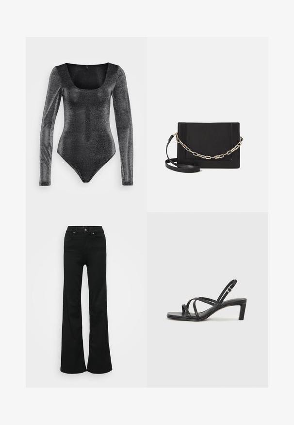 Black long-sleeve bodysuit with a scoop neckline, made of sparkly textured fabric, features a fitted shape and high-cut leg openings.; Black flared jeans made from denim, featuring a high waist, five pockets, and metal button closure. Smooth texture with minimal detailing.; Black strappy sandal with a square toe and a low block heel. Features multiple thin straps and an adjustable ankle strap. Made of smooth leather.; Black leather crossbody bag featuring a smooth texture, rectangular shape, and a metallic chain detail on the front. Adjustable strap included.