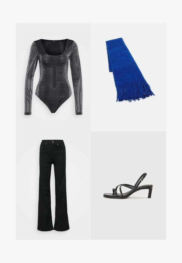 Melna garenrokas bodijs ar izgriezumu, izgatavots no mirdzoša teksturēta auduma, ar pieguļošu formu un augstiem kāju izgriezumiem.; Melnas flared džinsas, izgatavoti no denima, ar augstu jostasvietu, piecām kabatām un metāla pogu aizdari. Gluda tekstūra ar minimālu apdari.; Melnas strappy sandales ar kvadrātveida purngaliem un zemu bloku papēdi. Ievērojamas ar vairākiem plāniem siksniņām un regulējamu potītes siksniņu. Izgatavotas no gludas ādas.; Zilās austās šalles ar bārkstīm, gluda tekstūra, taisnstūra forma un vienveidīga krāsa visā platībā. Piemērota aukstam laikam.; Sudraba divu joslu gredzens ar gludu, pulētu virsmu. Iezīmējas ar plūstošu, izliekta dizaina struktūru ar pārklājošām sekcijām modernam izskatam.