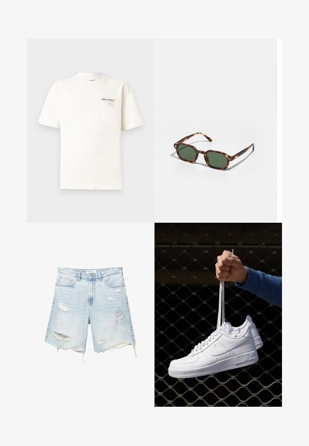 Hvid bomuld t-shirt med korte ærmer, rund hals, prydet med McLaren-branding og teksten "MONACO" i orange, placeret på venstre bryst.; Lysblå denimshorts med slidte detaljer, frynset kant, fem lommer, metalknaplukning og bæltestropper. Casual, løs pasform.; Hvide lædersneakers med perforeringer, rund tå, flad sål og tykke snørebånd, med et synligt swoosh-logo og "AIR" på hælen.; Skildpaddefarvede solbriller med grønne linser, der har en oktagonal form og slanke, buede arme. Materialet har en blank finish.