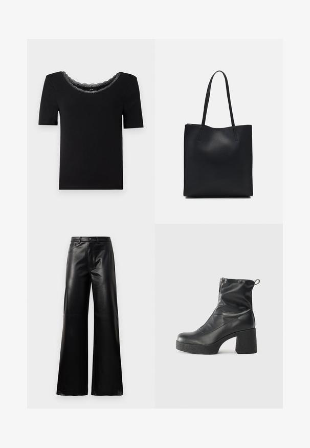 Fekete, rövid ujjú póló, puha anyagból készült, csipkés, ívelt nyakkivágással. Egyszerű, testhez simuló kialakítás, minták vagy díszítések nélkül.; Fekete, magas derekú, széles lábú, műbőr nadrág elülső gombbal, cipzárral, övbújtatókkal és oldalsó zsebekkel, fehér háttérrel.; Fekete bokacsizmák sima bőrből, oldalsó cipzárral, vastag, texturált sarkú és lekerekített orrú dizájnnal.; Fekete bőrtáska sima felszínnel, téglalap alakú, két hosszú füllel. Nincs látható fémkiegészítő vagy díszítés.