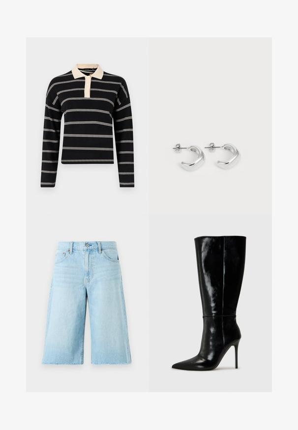 Melnas garās piedurknes polo krekls ar krēmīgām horizontālām svītrām, ar krēmīgu apkakli un trīs pogu aizdari. Mīksta adīšanas tekstūra.; Gaiši zili džinsu šorti ar brīvu piegriezumu, saplēstu apakšmali, piecām kabatām un metāla piederumiem. Klasiska džinsu dizaina ar maigu izbalējumu.; Melnas ādas zābaki līdz ceļiem ar smailu purngali un augstu stiletto papēdi. Gluda tekstūra un elegants dizains, ar minimālu dekoru.; Sudraba gredzena auskari ar gludu, pulētu apdari. Apaļa forma ar nedaudz izliekta dizaina un sajauktām malām. Ar tapu aizdari.