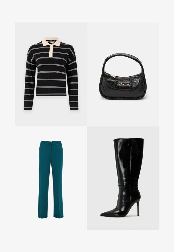 Must teeš pikkade varrukatega poloko shirt musta värviga, millel on kreemja värvi horisontaalsed triibud, sisaldab kreemjat kraed ja kolme nupuga lukku. Pehme kudumise tekstuur.; Teal sirged püksid sileda tekstuuriga, millel on nupuga sulgemine vöökoht ja minimalistlik disain.; Mustad nahast kuni põlveni ulatuvad saapad terava ninaga ja kõrge stiletto kontsaga. Sile tekstuur ja stiilne disain, millel on minimaalne kaunistus.; Mustmustav nahkakott, millel on tekstureeritud pind, ümar kuju ja üks käepide. Omab esipoolset tõmblukukotti ja kuldset brändimist.