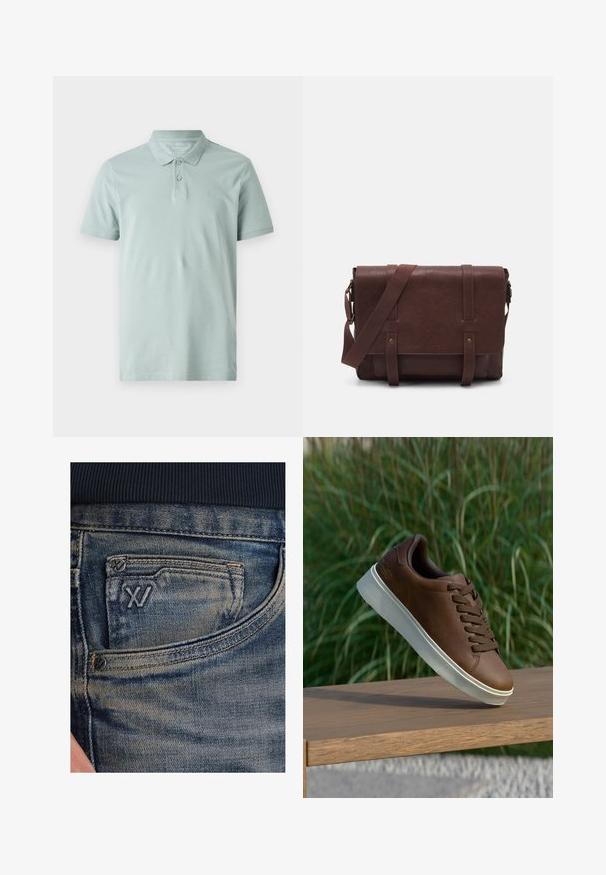 Svetlozelená polo košeľa vyrobená z bavlny. Má klasický golier, placket na tri gombíky, krátke rukávy a malú vyšitú nášivku na hrudi.; Modré rifľové nohavice so svetlým efektom, vybavené mincovníkom a čiernym logom na prednej strane. Pás je z tmavomodrej rebrovanej tkaniny.; Hnedé kožené tenisky s bielou gumovou podrážkou, zaoblenou špičkou a hnedými šnúrkami. Textúrovaný grip na podrážke a hladký povrch na vrchnej časti.; Hnedá kožená messenger taška s plochým predným klopom, dvoma popruhmi, zlatými kovovými detailmi a nastaviteľným ramenným popruhom.