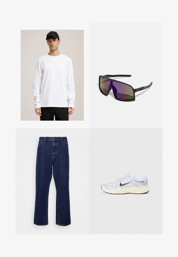 Biała koszula z długim rękawem i okrągłym dekoltem, uszyta z gładkiego materiału, noszona z czarnymi spodniami. Czarna czapka dopełnia strój.; Ciemnoniebieskie dżinsy z prostymi nogawkami, z zapięciem na guzik, pięcioma kieszeniami i subtelnymi detalami haftu.; Białe siatkowe sneakersy z srebrnymi akcentami, czarnym logo Nike, wyściełanym kołnierzem i teksturowaną podeszwą. Posiadają warstwową konstrukcję dla większej stabilności.; Czarne sportowe okulary przeciwsłoneczne z dużymi, kanciastymi soczewkami w gradientowym odcieniu od fioletowego do szarego. Teksturowane czarne zauszniki dla lepszego chwytu.