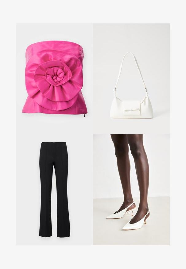 Fuchsia satin top featuring a large, prominent flower appliqué with layered petals, smooth texture, and structured silhouette.; Black flared trousers with a ribbed texture and fitted waist. The design features vertical seams for a streamlined look. No visible hardware.; White patent leather slingback heels with a pointed toe, slender heel, and open sides; smooth texture and minimalistic design.; White synthetic handbag with a triangular shape, flat front flap and bow detail, adjustable strap, smooth texture, and minimalistic design.