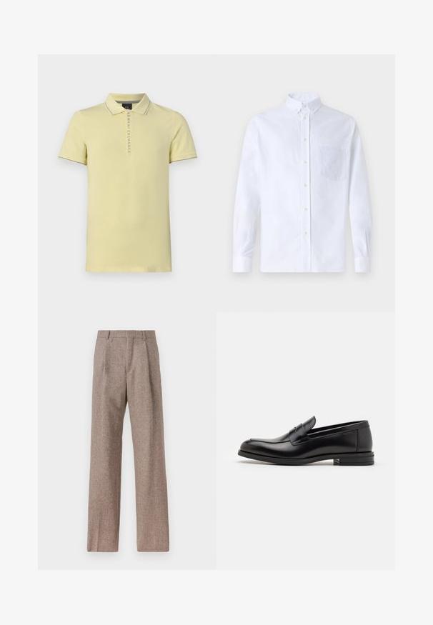 Polo tričko v světle žluté bavlně, s klasickým límečkem, krátkými rukávy a logem na zapínání s šedými akcenty.; Bílá dlouhá košile s knoflíky vyrobená z bavlny, která má náprsní kapsu s tónovanou výšivkou, límec a knoflíkové manžety.; Hnědé kalhoty s vysokým pasem vyrobené z texturované látky. Mají široké nohavice a dva přední sklady pro strukturu. Úhledné provedení bez viditelné kovových částí.; Černé kožené polobotky s hladkou texturou, zaoblenou špičkou a zdobným páskem přes nárt. Nízký stohovaný podpatek, minimalistický design.