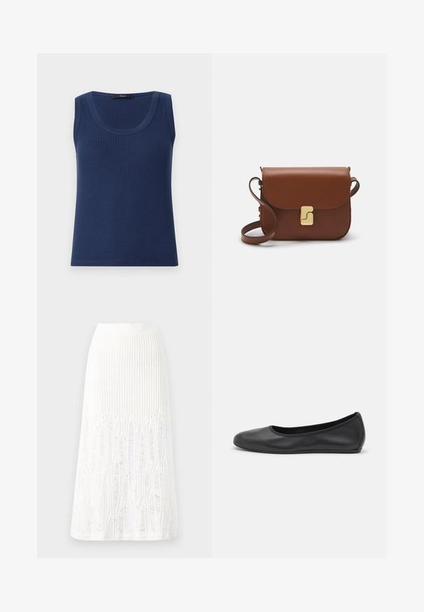 Laivastonsininen ribbikankainen ilman hihoja oleva paita, jossa on pyöreä pääntie. Valmistettu pehmeästä kankaasta, joka korostaa vartalon muotoja ja jossa on suora helma.; Neule valkoinen midimittainen hame, jossa on teksturoitu kuvio, jossa on pystysuoria viivoja ja aukkoja helmassa. Joustava vyötärö. Pehmeä materiaali.; Musta nahkainen ballerina, jossa on pyöristetty kärki, sileä pinta, minimaalinen ommelkoristelu ja joustava pohjamuotoilu.; Ruskea nahkainen käsilaukku, jossa on läppäkiinnitys, kultasävyiset yksityiskohdat, olkahihna ja sileä pinta. Kompaktin suorakaiteen muotoinen.