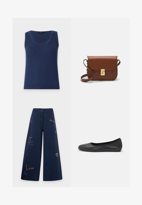 Navy blue ribbed sleeveless top with a round neckline. Made from a soft fabric, featuring a fitted design and straight hem.; Navy blue wide-leg pants in cotton with multiple pockets. Features colorful embroidered text and graphics including hearts and playful phrases.; Black leather ballet flat with a rounded toe, smooth texture, minimal stitching detail, and a flexible sole design.; Brown leather handbag with a flap closure, gold-tone hardware, a shoulder strap, and a smooth texture. Compact rectangular shape.