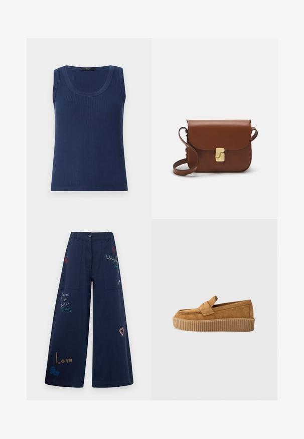 Débardeur sans manches en ribbed bleu marine avec un col rond. Fabriqué à partir d'un tissu doux, il présente un design ajusté et un ourlet droit.; Pantalon large en coton bleu marine avec plusieurs poches. Présente un texte et des graphiques colorés brodés, y compris des cœurs et des phrases ludiques.; Mocassin en daim brun à bout rond, avec une semelle plateforme striée et une bande décorative sur le dessus.; Sac à main en cuir marron avec une fermeture à rabat, des accents en métal doré, une bandoulière et une texture lisse. Forme rectangulaire compacte.