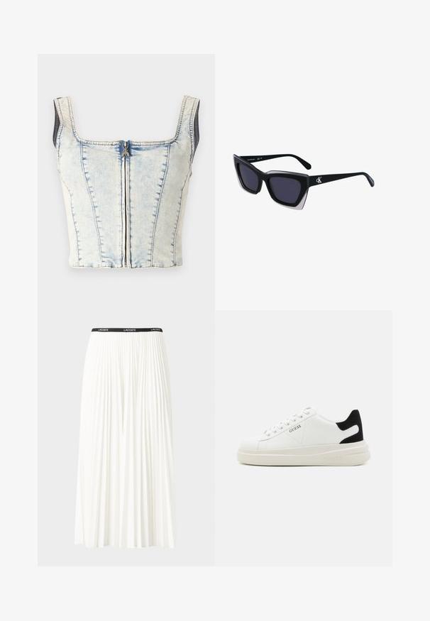 Top corto de denim con escote cuadrado, lavado en azul claro, cremallera frontal expuesta y tirantes anchos. Presenta detalles de costura vertical en toda la prenda.; Falda blanca plisada con una cinturilla elástica negra que presenta el logotipo "LACOSTE". Diseño de longitud media con textura suave.; Zapatillas blancas de cuero con una suela blanca gruesa, acento en el talón de ante negro y logo grabado en el lateral. Diseño de cordones con seis ojales.; Gafas de sol negras de gran tamaño con una forma geométrica, que presentan lentes oscuros y un detalle gris contrastante en la montura. Logo en la pata.; Aros de plata en forma de aro con un acabado liso y brillante. Diseño redondeado y ligero, con cierre de tipo post-back.
