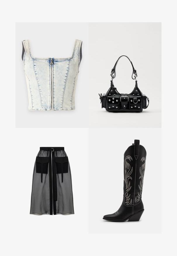 Denim crop top met een vierkante halslijn, lichtblauwe wassing, blootgestelde voorsluiting met rits en dikke banden. Kenmerkt verticale stikseldetails overal.; Zwarte doorschijnende rok met een verzameld tailleband, voorzien van twee grote voorzakken, een tailleband met strik en een ronde metalen accent.; Zwarte leren cowboylaarzen met spitse neuzen, wiggenhakken en zilver geborduurde bloemmotieven langs de schacht. Contrasterende stiksels overal.; Zwarte lederen handtas met een gebogen ontwerp, voorzien van zilveren studs, een gesp en twee zijvakken. Verstelbare schouderband voor verschillende draagmogelijkheden.