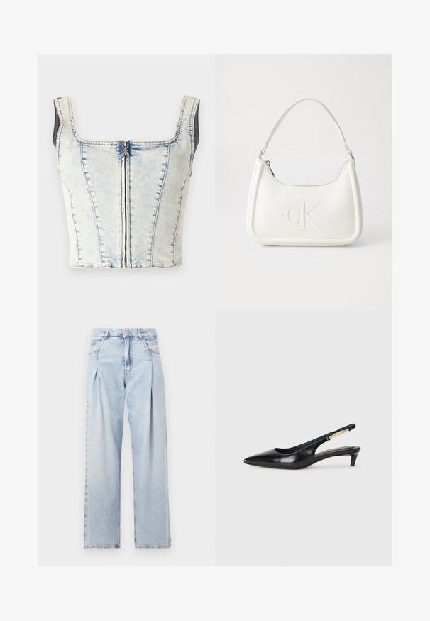 Denim crop top med firkantet utringning, lys blå vask, synlig glidelås foran og tykke stropper. Har vertikale sømdetaljer gjennom hele.; Lyseblå denimjeans med høy livlinje, vide ben, to sidelommer og plisserte detaljer. Myk tekstur med en falmet finish.; Sorte lærreim hæler med spiss tå, som har en slank hæl og en gullfarget detalj på den justerbare stroppen. Glatt tekstur.; Hvit lærveske med en buet fasong, med et preget "CK"-logo på forsiden og en enkel skulderstropp. Glidelåslukking på toppen.