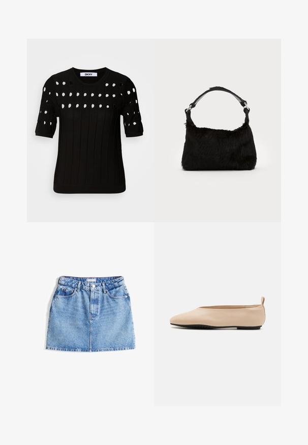 Černý pletený svetr s krátkými rukávy, ribovanou texturou a kulatým výstřihem. Více výřezů vytváří vzor na přední straně.; Džínová mini sukně světle modré barvy s pětibodovým designem, zapínáním na knoflík a jemně vybledlou texturou. Obsahuje značkovou etiketu na pasu.; Béžové kožené baleríny s nízkým profilem, kulatou špičkou a černou gumovou podrážkou, s malým zadním poutkem pro snadnější obouvání.; Černá kabelka z umělé kožešiny s jemnou texturou, zaobleným tvarem a pevnými černými koženými ramenními popruhy. Viditelné stříbrné kovové detaily.; Zlaté visací náušnice s kulatou bílou perlou a slzovitou bílou kuličkou s užším zlatým akcentem.