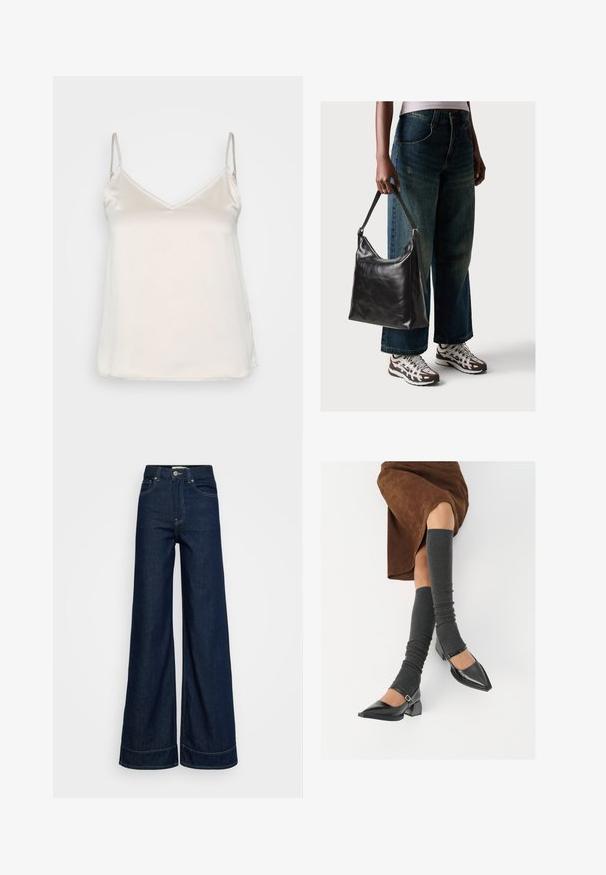 Satrakts beigā krāsā ar plānām regulējamām siksnām un maigu V veida kaklu, ar gludu, nelietotu virsmu.; Tumši zili augstā jostasvietā platā kāju džinsi ar priekšējām kabatām, jostas cilpām, pogu aizdari un redzamu šuvju uz balta fona.; Melnas laka ādas apavi ar norādītu purngalu, blokveida papēdi un potīšu jostu, saskaņoti ar pelēkām ribotām kāju sildītājām un brūnu zamšādas svārku.; Melna ādas pleca soma ar gludu tekstūru un regulējamu siksnu, saskaņota ar izbalējušām platām biksēm un sportiskām kedām.