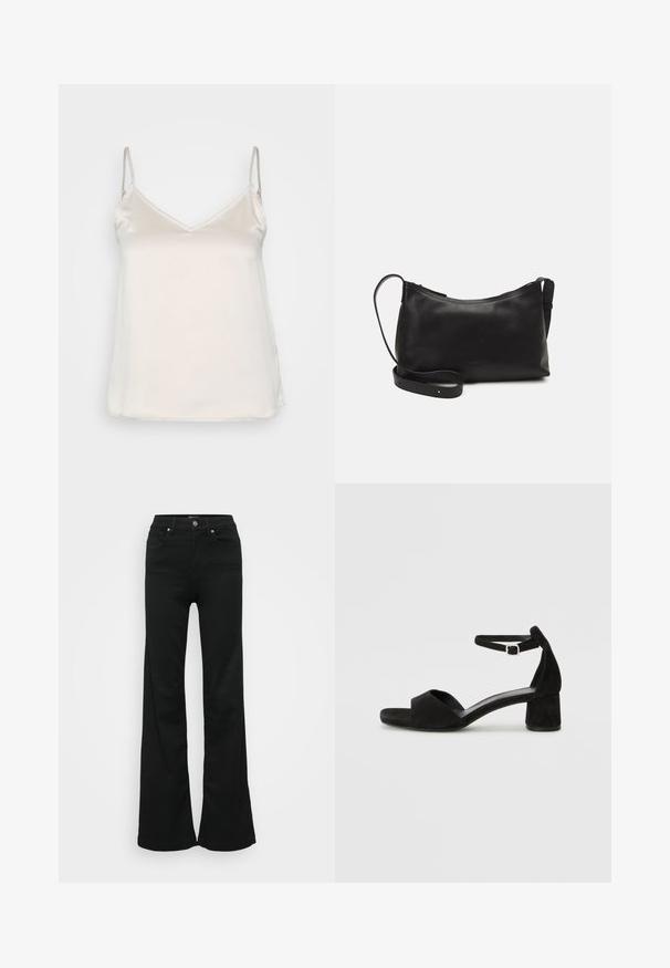 Svilen bež top s tankimi nastavljivimi naramnicami in diskretnim V-izrezom, ki ima gladko, neteksturovano površino.; Črne razširjene kavbojke iz denima, z visokim pasom, petimi žepi in kovinskim gumbom za zapiranje. Gladka tekstura z minimalnimi detajli.; Črne zamshe sandale na peto z tankim trakom okoli gležnja, odprto konico in zmerno blok peto. Gladka tekstura in minimalni detajli.; Črna usnjena torba čez ramo z gladko teksturo, ukrivljeno obliko, nastavljivim trakom in zadrgo. Minimalističen dizajn brez okrasnih detajlov.; Srebrn dvojni prstan z gladko, polirano površino. Ima tekoč, ukrivljen dizajn z prekrivajočimi se sekcijami za sodoben videz.