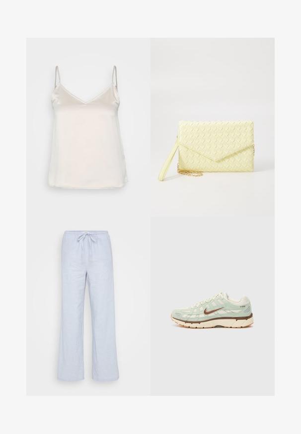 Silky beige camisole with thin adjustable straps and a subtle V-neckline, featuring a smooth, non-textured surface.; Light blue linen trousers with a relaxed fit, drawstring waist, and wide legs. Smooth texture, ideal for casual wear.; Light green athletic shoe with mesh and suede materials, brown accents, beige sole, textured design, and a signature logo on the side.; Yellow woven clutch wallet with a flap design, a detachable wrist strap, and a gold chain accent. Smooth texture and rectangular shape.