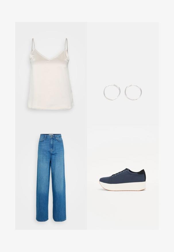 Selymes bézs pántos top vékony állítható pántokkal és diszkrét V-nyakkivágással, sima, nem texturált felülettel.; Kék, magas derekú, bő szárú farmernadrág elülső gombbal és cipzárral, elülső és hátsó zsebekkel, valamint varrott szegéllyel fehér háttér előtt.; Sötétkék sportcipő, texturált szövet felsőrész, fehér platform talp, lekerekített orr és fekete sarok akcentussal. Hat fűzőlyuk található rajta.; Ezüst karika fülbevalók, letisztult, kerek formával, sima felülettel és látható díszítés nélkül. A átmérő nem megadott.