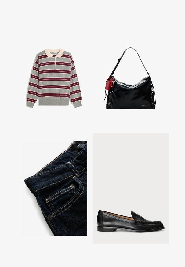 Szürke hosszú ujjú póló, bézs gallérral, vízszintes bordó és fehér csíkokkal, három gombos nyakkal és bordás mandzsettákkal.; Sötétkék farmernadrág, kontrasztos narancssárga varrással, elülső zsebbel, szegecseléssel és sima felülettel.; Lauren Ralph Lauren WYNNIE - Belebújós cipők - black; Fekete bőr kézitáska, laza dizájnnal, fűzős részletekkel az oldalán és egy piros kiegészítő címkével. Hosszú, állítható pánttal rendelkezik.