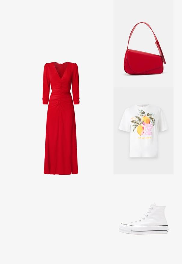 White cotton T-shirt featuring a graphic design of two yellow lemons with green leaves, accompanied by colorful text: “FEEL THE VIBE.”; Red dress with a V-neckline, three-quarter sleeves, and ruched detailing at the waist and back. Fabric appears smooth and lightweight.; White high-top canvas sneaker with black rubber sole, front rubber toe cap, and six eyelets for laces, featuring a clean, minimalist design.; Red leather handbag with an angular, geometric design. Features a single adjustable strap and a flap closure with stitched detailing.