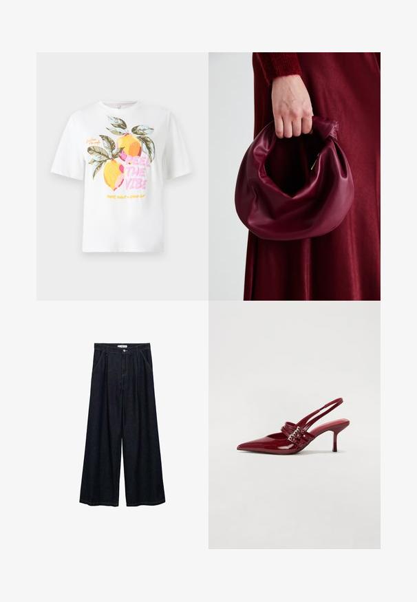 White cotton T-shirt featuring a graphic design of two yellow lemons with green leaves, accompanied by colorful text: “FEEL THE VIBE.”; Dark denim wide-leg trousers with a high waist, featuring a front button closure, two side pockets, and stitching details.; Red patent leather slingback heels with a pointed toe, two buckle straps, and a slim, mid-height stiletto heel. Smooth texture.; Burgundy leather handbag with a soft, gathered design and a rounded shape. The handle is secured, showcasing a smooth texture.