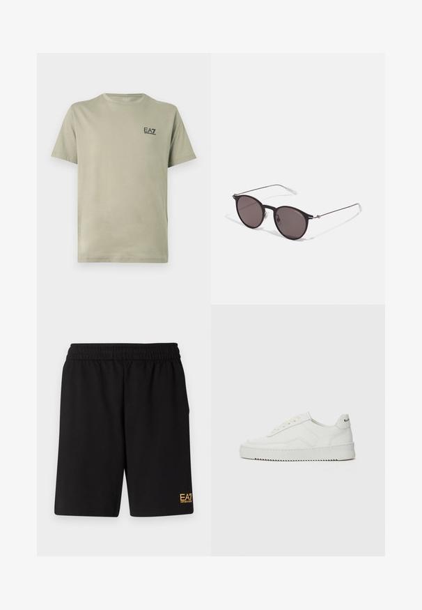 Olivově zelené bavlněné tričko s kulatým výstřihem a krátkými rukávy. Na přední straně je malé černé logo EA7.; Černé sportovní šortky vyrobené z měkké látky, s elastickým pasem a malým žlutým logem EA7 na dolní části levé nohy.; Bílé kožené tenisky s hladkým povrchem, kulatou špičkou, plochými tkaničkami a texturovanou podrážkou. Na patě se nachází nenápadné logo.; Černé kulaté sluneční brýle s tmavými skly a tenkými kovovými nohami. Obsahují průhledné koncovky nožiček a stříbrné akcenty na pantu. Minimalistický design.