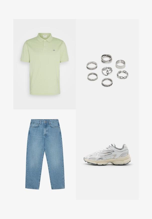 GANT REG SHIELD SS - Pólóing - milky matcha; Világoskék farmer széles szárú nadrág magas derékkal, öt zsebből, övhurkokkal és puha, enyhén fakó textúrával.; Fehér sportcipők szürke részletekkel, hálós és szintetikus felsőrésszel, fűzős kivitelezéssel és texturált gumitalppal, amely tapadásmintákkal rendelkezik.; Hét ezüst gyűrűből álló szett, különböző formákkal és szélességekkel, köztük csavart, összekapcsolt és gravírozott mintákkal.