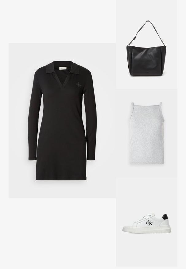 Sivkasta rebrasta majica brez rokavov z tankimi naramnicami in oprijetim krojem, ki se ponaša z mehkobo in brezšivnimi robovi za udobje.; Črna dolga polo obleka s kratkimi rokavi in V-izrezom, ribana tekstura in subtilna logotipna podrobnost na levi prsni strani. Mehka bombažna zmes.; Bele nizke superge z črnim hrbtnim delom, platformo, vezalkami in Calvin Klein "CK" logotipom na strani.; Calvin Klein GRACIE MEDIUM - Torbica - black