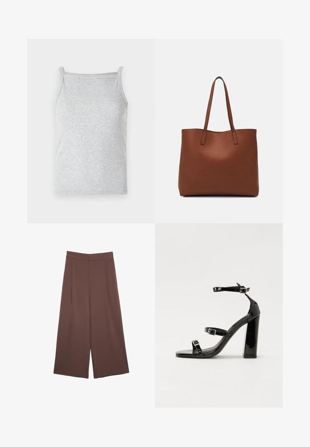 Harmaa ribattu tankkitoppi ohuilla olkaimilla ja tiukalla muotoilulla, jossa on pehmeä pinta ja saumattomat reunat mukavuutta varten.; Ruskeat leveälahkeiset housut, joissa on sileä pinta, korkea vyötärö ja etupleat. Kangas on kevyttä ja laskeutuu väljänä.; Musta kiiltävä korkokenkä sandaalit neliönmuotoisella varpaalla, nilkkaremmillä ja hopeisilla soljilla. Varustettu tukevalla lohkokorkealla vakauden takaamiseksi.; Ruskea nahkainen olkalaukku, jossa on sileä pinta, avoin yläosa ja kaksi olkahihnaa. Omaavat vain minimaalisen ompelun eikä näkyvää metalliosaa.