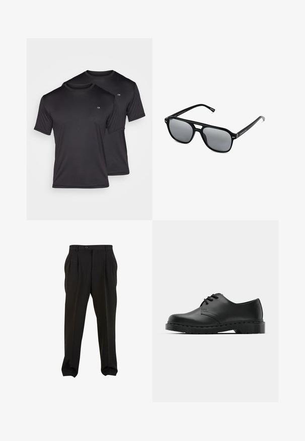 Dvé černé trička s krátkým rukávem vyrobená z hladkého, lehkého materiálu s kulatým výstřihem a malým bílým logem na hrudi.; Černé kalhoty z hladké tkaniny, se zapínáním na tlačítko v pase, předními sklady a zúženými manžetami u kotníků. Klasický elegantní střih.; Černé kožené oxfordy s šněrováním, zakulacenou špičkou, plochou gumovou podrážkou a jemným prošíváním podél svršku.; Černé sluneční brýle s obdélníkovými rámy, šedými tónovanými skly a designem s výřezem ve střední části. Hladký, lesklý plastový materiál, s úzkými stranami.