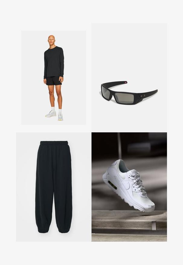 Schwarzes Langarmshirt kombiniert mit schwarzen Shorts. Das Modell trägt weiß-graue Sportschuhe mit Akzenten und steht vor einem schlichten Hintergrund.; Schwarze Sweatpants mit elastischem Bund, lockerer Passform, gerippten Beinabschlüssen, glatter Textur und ohne sichtbare Muster oder Hardware-Akzente.; Weiße Nike Air Max 90 Sneaker mit einem Obermaterial aus Mesh und Leder, durchlässigem Zehenbereich und einer sichtbaren Air-Einheit in der Ferse.; Schwarze Sonnenbrille mit matter Oberfläche, rechteckigen Gläsern, leichtem Bogen an den Schläfen, dezentem Logo-Detail und rauchgetönten Gläsern.