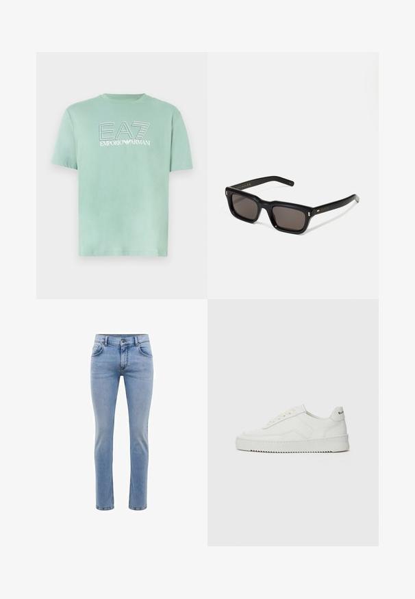 Camiseta de algodón verde claro con cuello redondo, mangas cortas y un logo impreso "EA7 EMPORIO ARMANI" en la parte frontal en blanco contrastante.; Jeans de mezclilla azul claro con un corte ajustado, cinco bolsillos y un diseño de pierna recta. Cuenta con una cremallera y trabillas para cinturón. Textura suave.; Zapatilla de cuero blanca con un acabado suave, puntera redonda, cordones planos y suela texturizada. Cuenta con un sutil logo en el talón.; Gafas de sol rectangulares negras con lentes oscuros, marco de plástico grueso, acentos dorados en las patillas y logotipo de la marca grabado en el brazo.