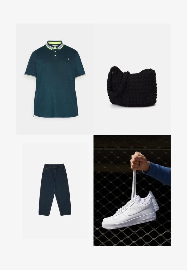 Temno modra polo majica z dvema gumboma. Ima kontrastni neonsko zeleni ovratnik in poudarke na rokavih. Mehka tkanina s klasičnim krojem.; Temno modri jeans s visokim pasom in sproščenim krojem, ki imajo pet žepov in zapenjanje na gumb. Narejeni iz denima z gladko teksturo.; Bela usnjena športna obutev s perforacijami, okroglo konico, ravnim podplatom in debelimi vezalkami, z vidnim logotipom smoosh in napisom "AIR" na peti.; Črn platneno torba z strukturiranim, quilted vzorcem. Okrogla oblika, kratki, debeli ročaji in mehak, fleksibilen konstrukt.