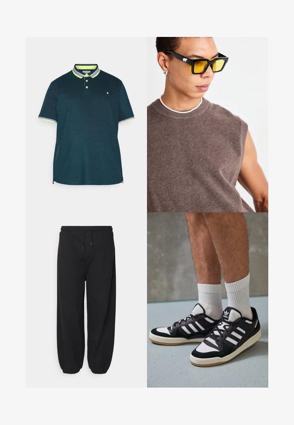 Polo de couleur bleu foncé avec une patte de boutonnage à deux boutons. Caractéristiques d'un col et de manches en néon vert contrastant. Tissu doux avec une coupe classique.; Pantalons de survêtement noirs en matériau doux, dotés d'une taille élastique avec cordon de serrage ajustable et de poignets ajustés à la cheville.; Baskets noir et blanc avec une tige en suède et cuir, comportant trois rayures blanches, un bout perforé et une semelle en caoutchouc gum.; Lunettes de soleil noires rectangulaires avec des verres jaunes, portées avec un pull sans manches marron. Accentué d'un logo d'ours blanc sur la monture.