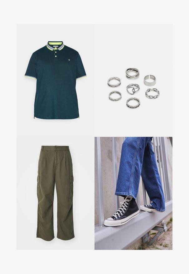 Mansetă polo de culoare albastru închis, cu o închidere cu două butoane. Prezintă o guler și accente la manșete de culoare verde neon contrastant. Material moale cu o croială clasică.; Pantaloni cargo de culoare verde oliv, din bumbac, cu un design cu picioare largi, plii și buzunare laterale pentru utilitate.; Tenisi negri tip gheată cu talpă și șireturi albe, asortați cu blugi albaștri largi, sprijiniți pe un balustradă gri.; Set de șapte inele din argint cu diverse modele, inclusiv modele răsucite, legate și gravate. Forme și lățimi diferite.
