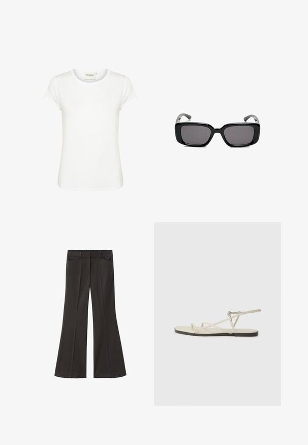 Bílý krátký rukáv tričko s kulatým výstřihem, vyrobené z měkké bavlněné tkaniny. Vyznačuje se hladkým povrchem a minimalistickým designem.; Černé rozšířené kalhoty s vysokým pasem; mají dvě přední kapsy a hladkou texturu látky. Vhodné pro různé příležitosti.; Béžové ploché sandály s několika štíhlými pásky a nastavitelnou přezkou. Podešev je plochá s mírným tmavým kontrastem na okraji.; Černé obdélníkové sluneční brýle s tmavými skly, hladkým plastovým rámem a zakřivenými stranicemi. Design je robustní s minimalistickou estetikou.; Beige kožená kabelka s jedinečným tvarem, vybavená dvěma krátkými uchy a dlouhým nastavitelným popruhem. Hladká textura s minimem kovových doplňků.