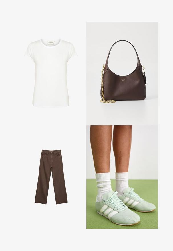 Hvid kortærmet t-shirt med rund halsudskæring, lavet af blødt bomuldsstof. Har en glat tekstur og minimalistisk design.; Bredde ben brun denim jeans med høj talje, forlommer og klassisk knaplukning. Glat tekstur med diskret syninger.; Mintgrønne sportssko med hvide striber, glat lædertekstur, afrundet tå og gummi sål, parret med hvide ribbede sokker.; COACH BROOKLYN SHOULDER BAG 23 - Håndtasker - maple