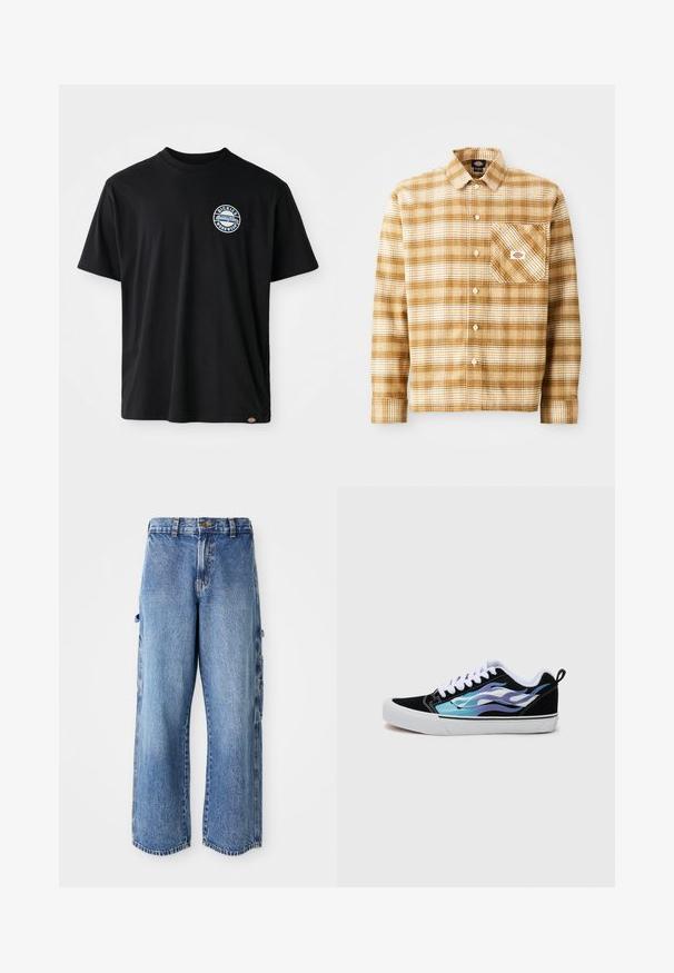 Black cotton t-shirt featuring a round logo on the chest. Short sleeves and crew neck design with a straight cut at the hem.; Brown and cream plaid long-sleeve shirt made of textured fabric with a chest pocket and button closure, featuring a label on the pocket.; Light blue denim cargo pants with a wide-leg fit, featuring side pockets, a distressed texture, and a slightly frayed hem.; Black suede sneakers with a white rubber sole. Features iridescent blue and purple flame designs. White laces and a rear pull tab.