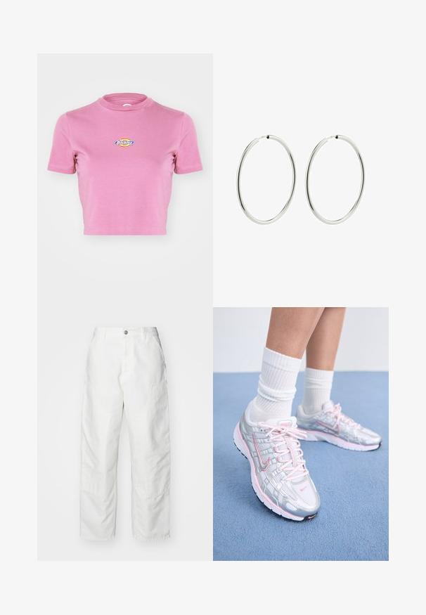 Dickies - T-shirt z nadrukiem; Białe spodnie cargo wykonane z denimu, o luźnym kroju, z bocznymi kieszeniami i widocznymi detalami szwów. Gładki przód z zapięciem na guzik.; Buty do biegania Nike z metalizowaną siateczką w kolorze srebrnym i różowymi akcentami, białymi sznurowadłami oraz teksturowaną podeszwą. Noszone z białymi skarpetkami sportowymi z bawełny.; Srebrne kolczyki w kształcie kół z gładkim, wypolerowanym wykończeniem. Okrągły kształt, jednolita szerokość, zaprojektowane z myślą o łatwym zapięciu. Proste i eleganckie.