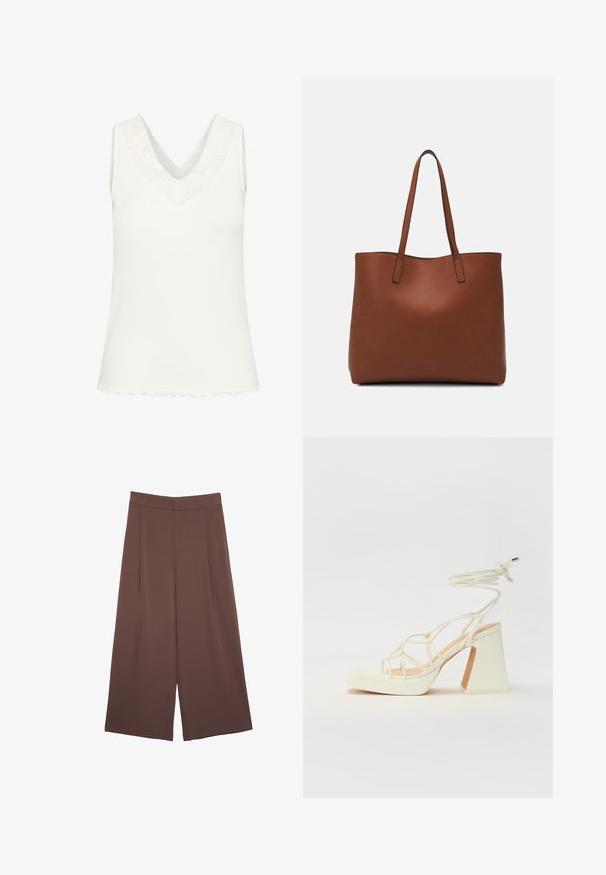 V-ringad ärmlös topp i vit ribbad tyg, med en spetskant vid halslinningen och en vågig fåll. Slät struktur genom hela plagget.; Bruna vida byxor med en slät textur, som har hög midja och framfickor. Tyget är lätt och flödar löst.; Vit högklackad sandal med en kraftig klack, med ett remdesign och ankelband. Slät textur med en plattform framtill för ökad höjd.; Brun läder tote-väska med en slät textur, öppen toppdesign och två axelremmar. Har minimal söm och ingen synlig metalldetalj.