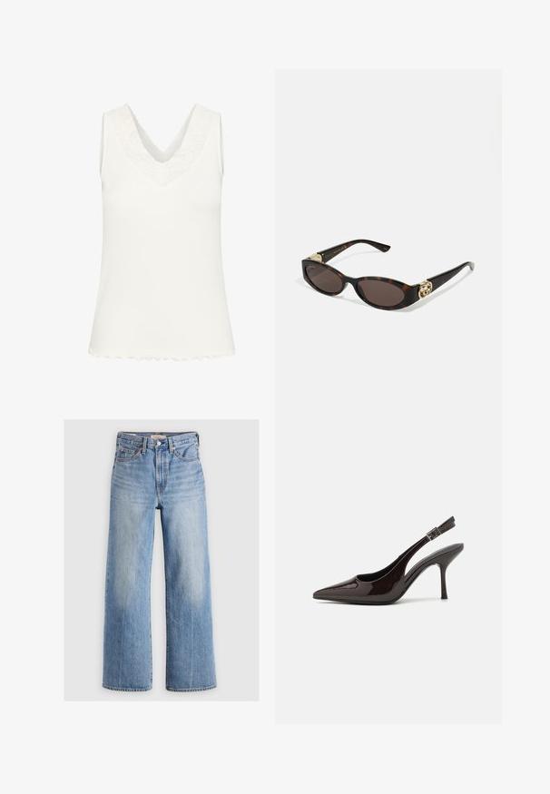 Top senza maniche a scollo a V in tessuto a coste bianco, con un bordo in pizzo sul colletto e un orlo ondulato. Texture liscia in tutta la sua superficie.; Jeans in denim blu chiaro a gamba larga con vita alta, aree sbiadite, cinque tasche e cuciture a contrasto. Classico bottone e chiusura con zip.; Scarpa con tacco alto tipo slingback in pelle verniciata marrone scuro lucido, punta affusolata, lati aperti e cinturino alla caviglia regolabile.; Occhiali da sole tartarugati con lenti ovali allungate, tonalità marrone, accenti dorati con logo sulle tempie e aste nere eleganti.; Borsa bordeaux con silhouette curva e manico corto, dotata di una zip dorata e di un logo Calvin Klein discreto sul davanti.
