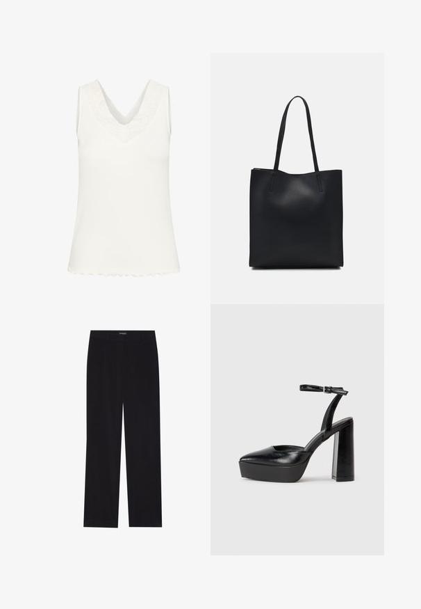 Witte ribstof top met V-hals en zonder mouwen, voorzien van een kanten rand bij de halslijn en een golvende zoom. Glad textuur overal.; Zwarte corduroy broek met een rechte snit, voorzien van een vlakke tailleband en zonder zichtbare zakken, een gladde textuur en verticale ribbelstructuur.; Zwarte plateauhakken met een puntige neus en verstelbare enkelband. Gemaakt van soepel leer, met een robuuste blokhak.; Zwarte leren handtas met een gladde textuur, rechthoekige vorm en twee lange handvaten. Geen zichtbare hardware of versieringen.