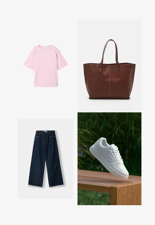 TOM TAILOR DENIM BOXY - T-shirt basic - small pink stripe; Donkerblauwe, wijde spijkerbroek van denim. Beschikt over vijf zakken, een knoop- en ritssluiting, en contrasterende stiksels.; Witte sneaker met een gladde synthetische bovenkant, geperforeerde neus, platte veters en een gestructureerde zool, tentoongesteld op een houten oppervlak.; Bruine leren tote bag met dubbele handvatten, heeft contrasterende stiksels en een ruime indeling, geschikt voor dagelijks gebruik.
