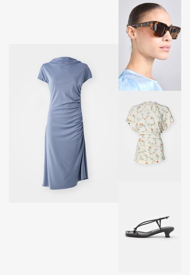 Blusa a maniche corte con fantasia floreale in crema, dotata di bottoni, scollo rotondo e dettagli arricciati in vita. Tessuto morbido e leggero.; Abito a maniche corte in tessuto azzurro chiaro, con scollo a cowl e arricciature laterali, dalla silhouette rilassata e lunghezza al ginocchio.; Sandalo in pelle nera con cinturini sottili, tacco basso a blocco e punta quadrata. Presenta una chiusura con fibbia e una superficie liscia.; Occhiali da sole tartarugati con una montatura spessa e rettangolare. Lenti scure e dettagli in tonalità oro sulle tempie. Finitura liscia e lucida.; Clutch bianco con texture e design arricciato, dotato di una tracolla in catena dorata. Finitura liscia con leggere ondulazioni e bordi arrotondati.; Orecchini in perla argentata con forma curva a fagiolo. Superficie liscia e lucida, fissati con chiusura a perno e retro.